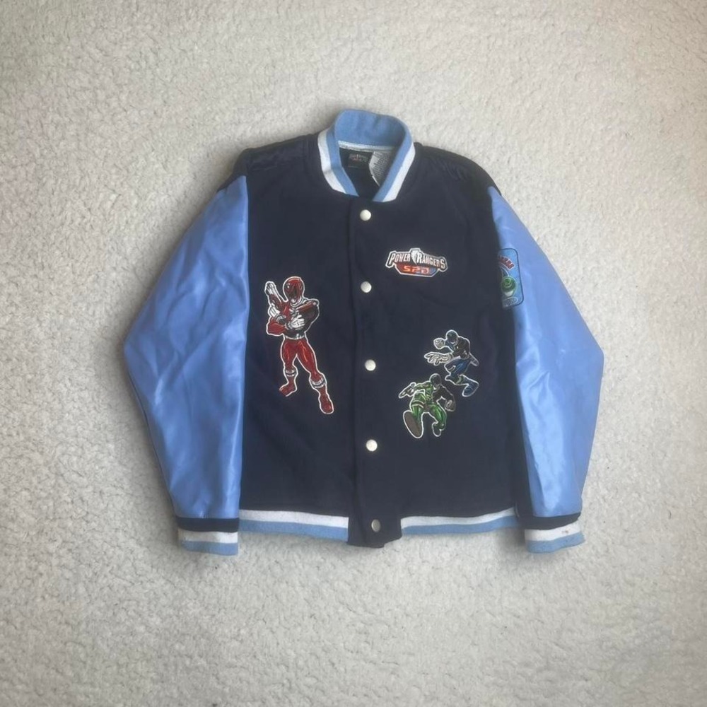 Vintage 2005 Kids Power rangers blue satin bomber jacket embroidered Y2K 6